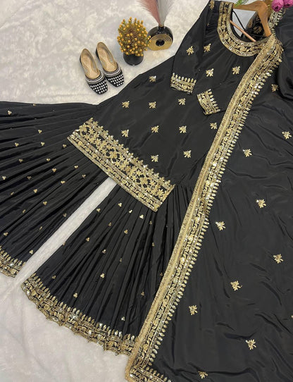Premium Natural Crepe Top, Sharara Plazzo & Dupatta