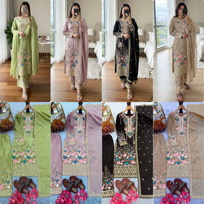 Premium Chinon Silk Kurti, Plazzo & Dupatta