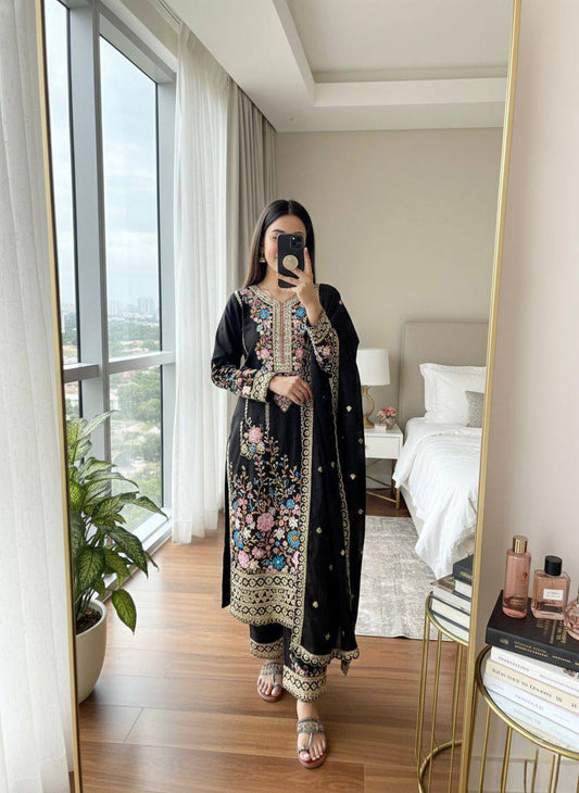 Premium Chinon Silk Kurti, Plazzo & Dupatta