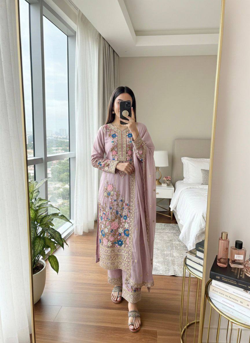 Premium Chinon Silk Kurti, Plazzo & Dupatta