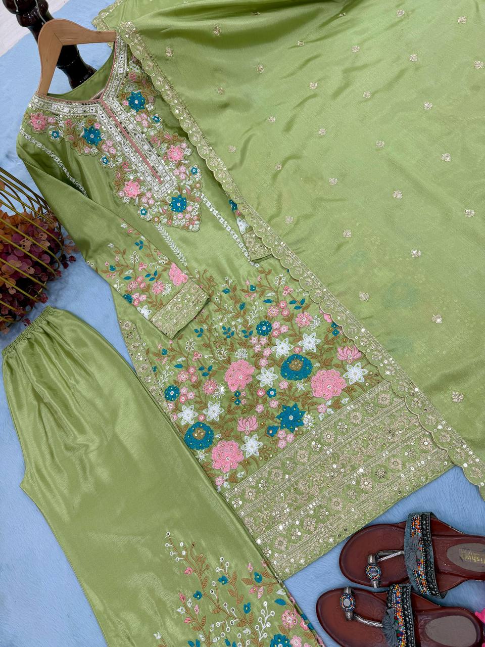 Premium Chinon Silk Kurti, Plazzo & Dupatta