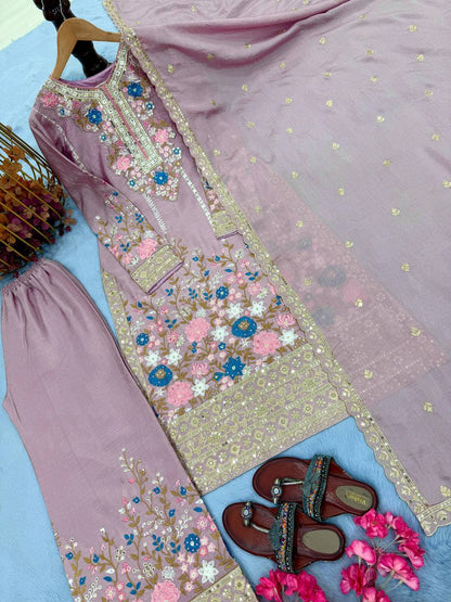 Premium Chinon Silk Kurti, Plazzo & Dupatta