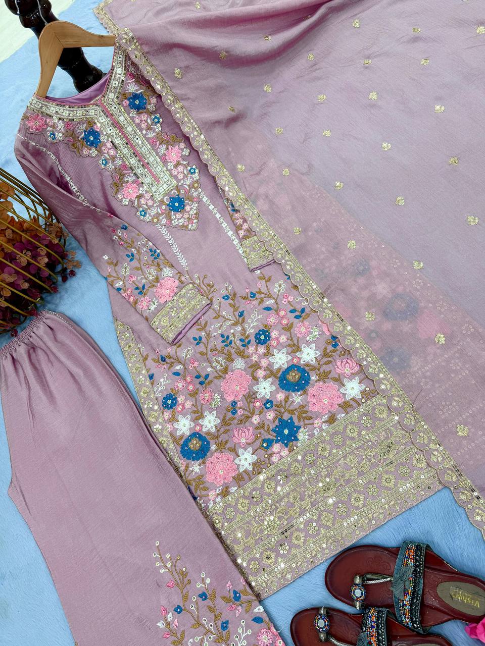 Premium Chinon Silk Kurti, Plazzo & Dupatta