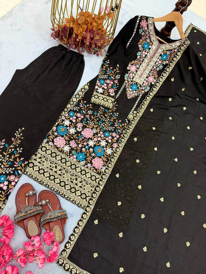 Premium Chinon Silk Kurti, Plazzo & Dupatta