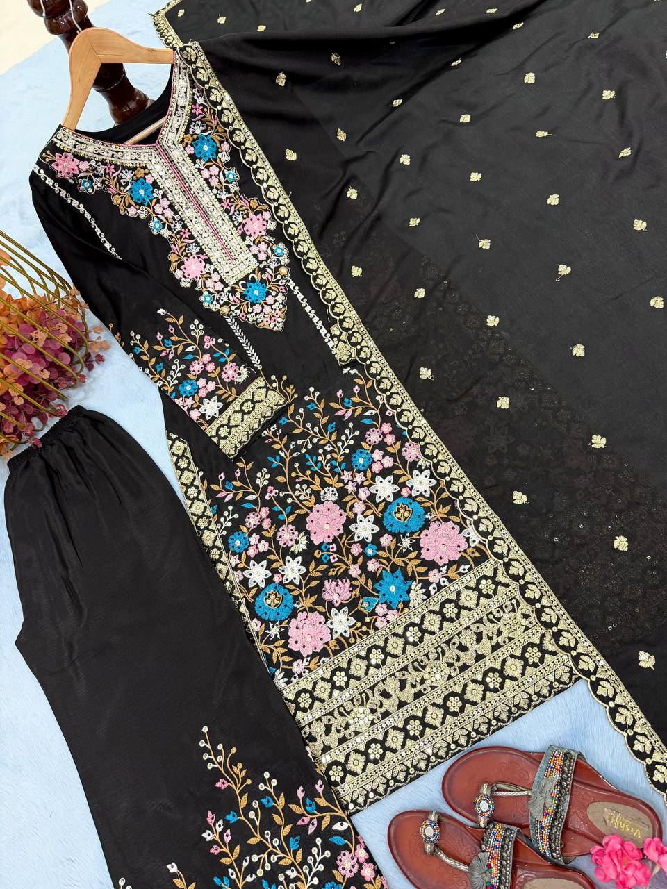 Premium Chinon Silk Kurti, Plazzo & Dupatta
