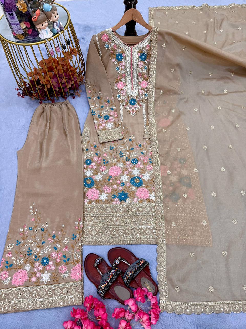 Premium Chinon Silk Kurti, Plazzo & Dupatta