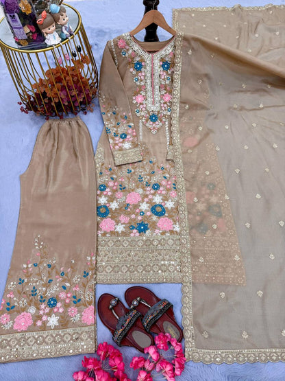 Premium Chinon Silk Kurti, Plazzo & Dupatta