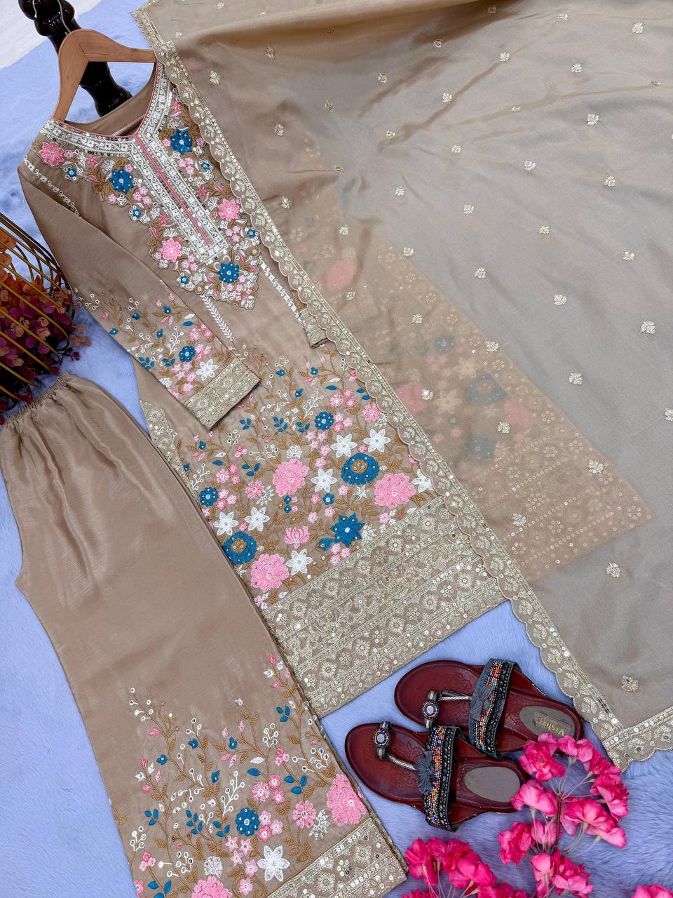 Premium Chinon Silk Kurti, Plazzo & Dupatta