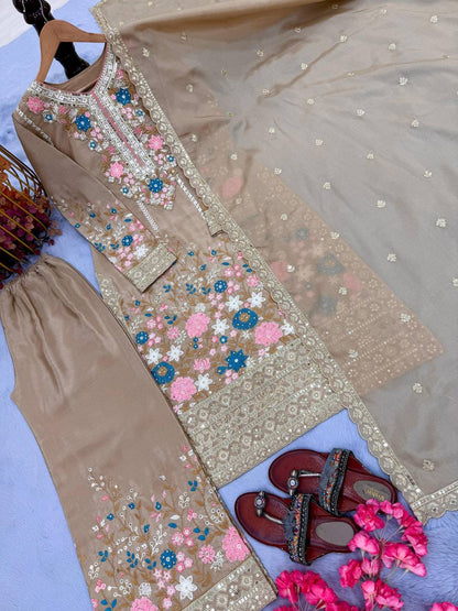 Premium Chinon Silk Kurti, Plazzo & Dupatta