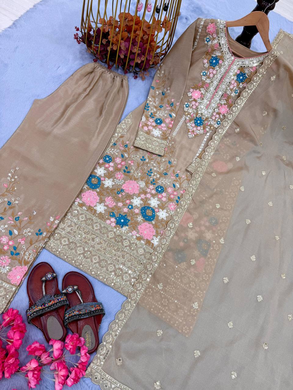 Premium Chinon Silk Kurti, Plazzo & Dupatta