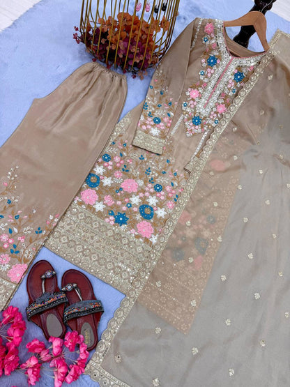 Premium Chinon Silk Kurti, Plazzo & Dupatta
