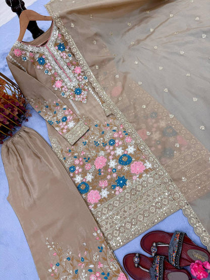 Premium Chinon Silk Kurti, Plazzo & Dupatta