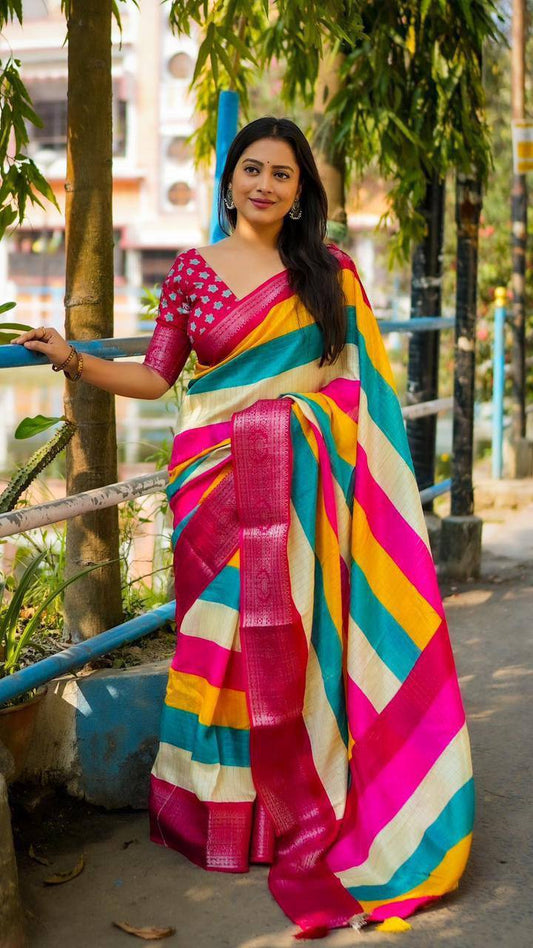 Trending Cotton Chex Saree – Zari Woven Border with Striped Print & Tassels
