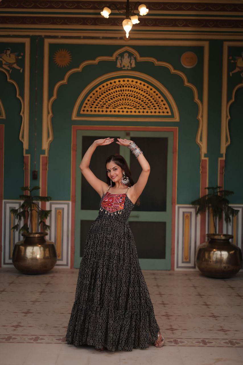 Bandhani Print Gown with Kutchi Patchwork