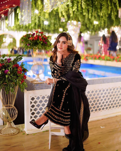 Elevate Your Wardrobe with Our Luxurious Heavy Viscose Black Velvet Top and Dupatta