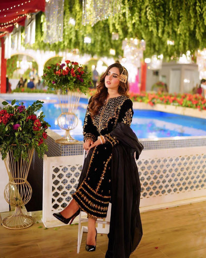 Elevate Your Wardrobe with Our Luxurious Heavy Viscose Black Velvet Top and Dupatta