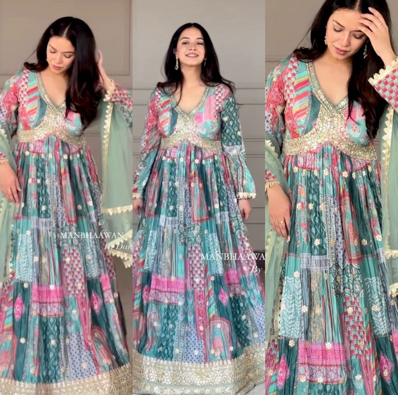 New Aliya-Cut Gown-Pant-Dupatta Set – Ready to Wear, Fully Stitched Elegance