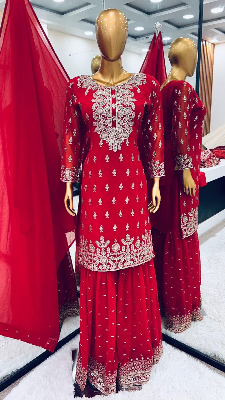 New Designer Party Wear Top-Gharara-Dupatta Set – Unmatched Elegance for Any Occasion!