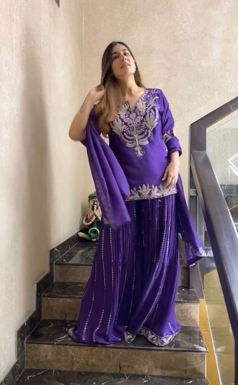 Exquisite Chinnon Silk Sharara Set with Dupatta – A Masterpiece of Elegance