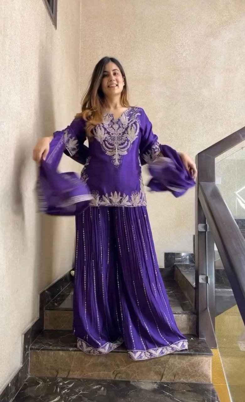 Exquisite Chinnon Silk Sharara Set with Dupatta – A Masterpiece of Elegance