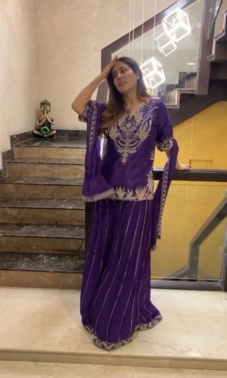 Exquisite Chinnon Silk Sharara Set with Dupatta – A Masterpiece of Elegance
