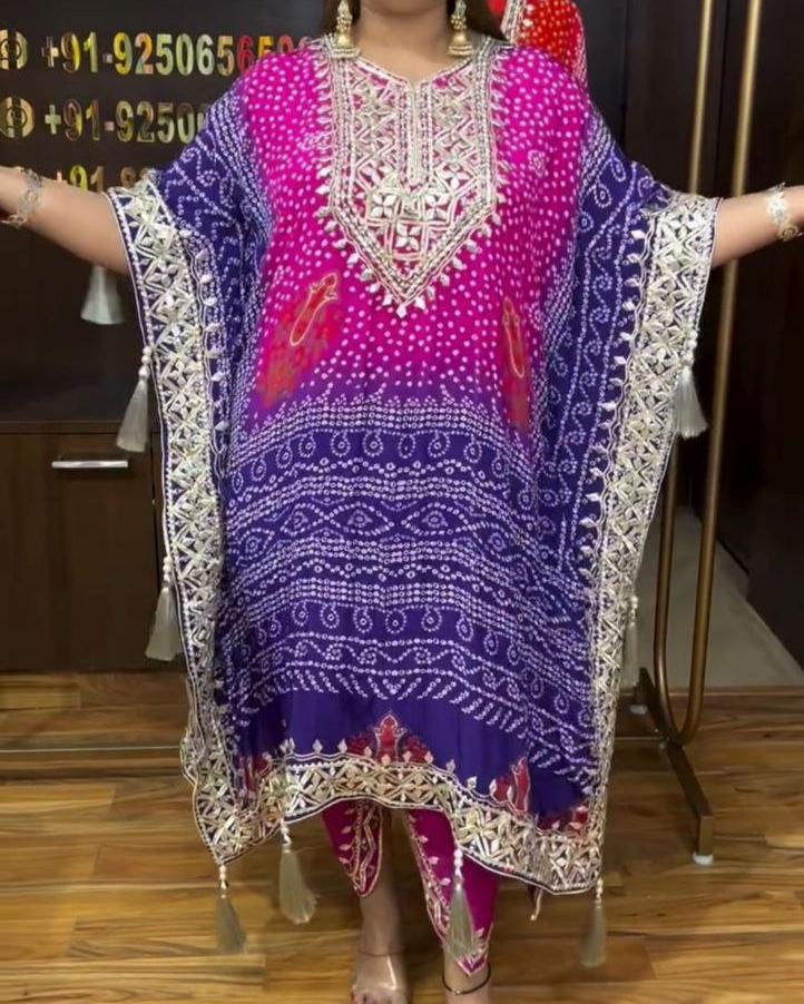Stunning Embroidery Work Pure Chinon Silk Kaftan with Dhoti Set