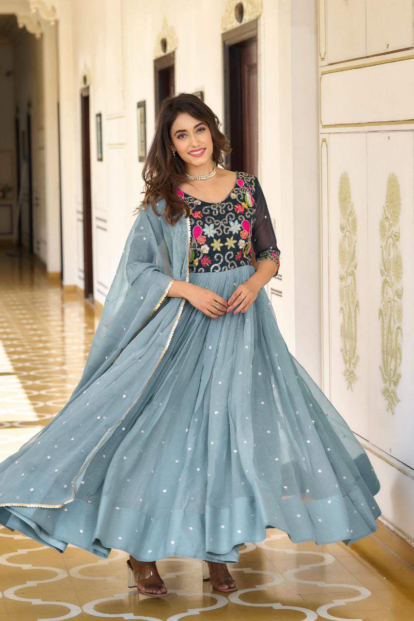 Stunning Festival Gown & Dupatta Set with Sequence Embroidery – Perfect for Every Celebration