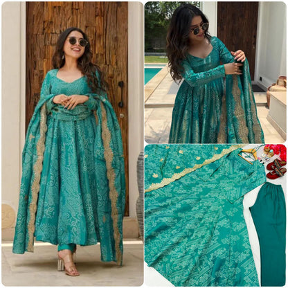 Exquisite Two-Tone Banarasi Silk Anarkali Gown Set with Dupatta & Bottom – Perfect for Festivals & Parties!