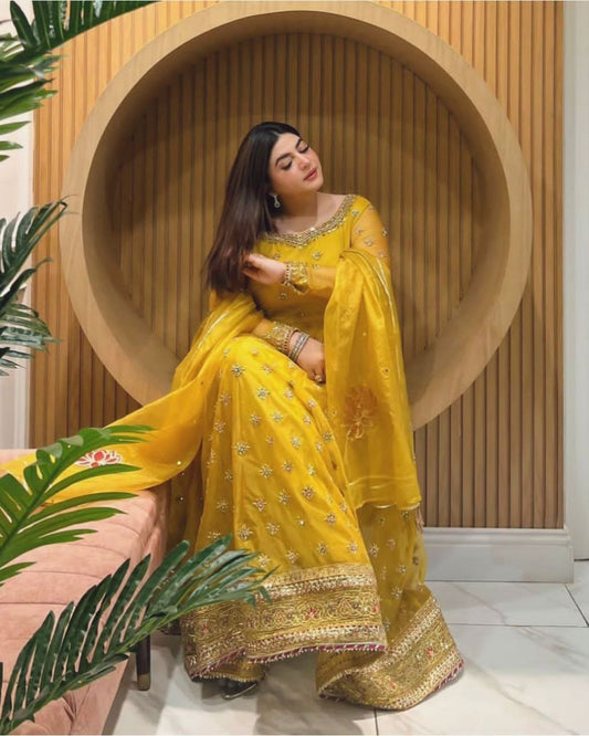 Luxury Heavy Fox Georgette Gown-Pant-Dupatta Set – Fully Stitched, Elegant, and Ready-to-Wear for Weddings and Parties