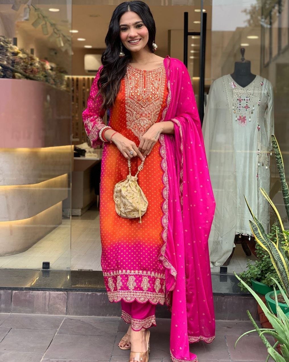 Luxurious Designer Chinnon Suit Set – Fully Stitched Top-Bottom-Dupatta Ensemble with Exquisite Embroidery and Real Mirror Work!