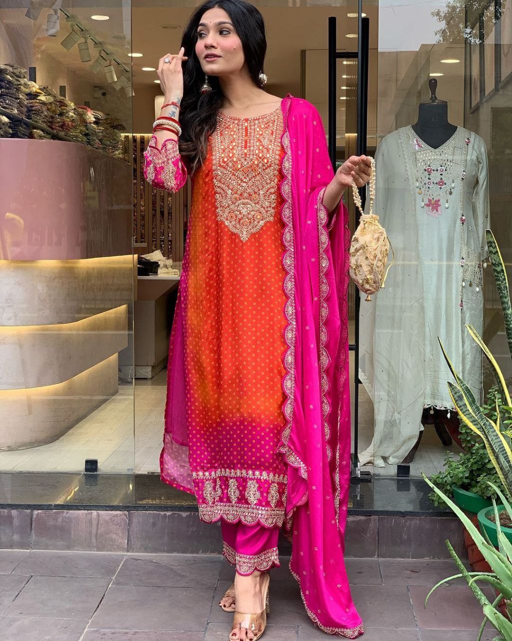 Luxurious Designer Chinnon Suit Set – Fully Stitched Top-Bottom-Dupatta Ensemble with Exquisite Embroidery and Real Mirror Work!
