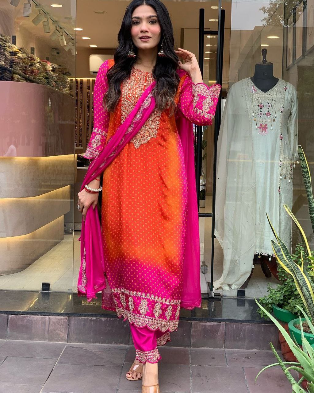 Luxurious Designer Chinnon Suit Set – Fully Stitched Top-Bottom-Dupatta Ensemble with Exquisite Embroidery and Real Mirror Work!