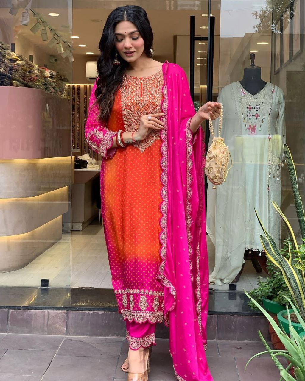 Luxurious Designer Chinnon Suit Set – Fully Stitched Top-Bottom-Dupatta Ensemble with Exquisite Embroidery and Real Mirror Work!
