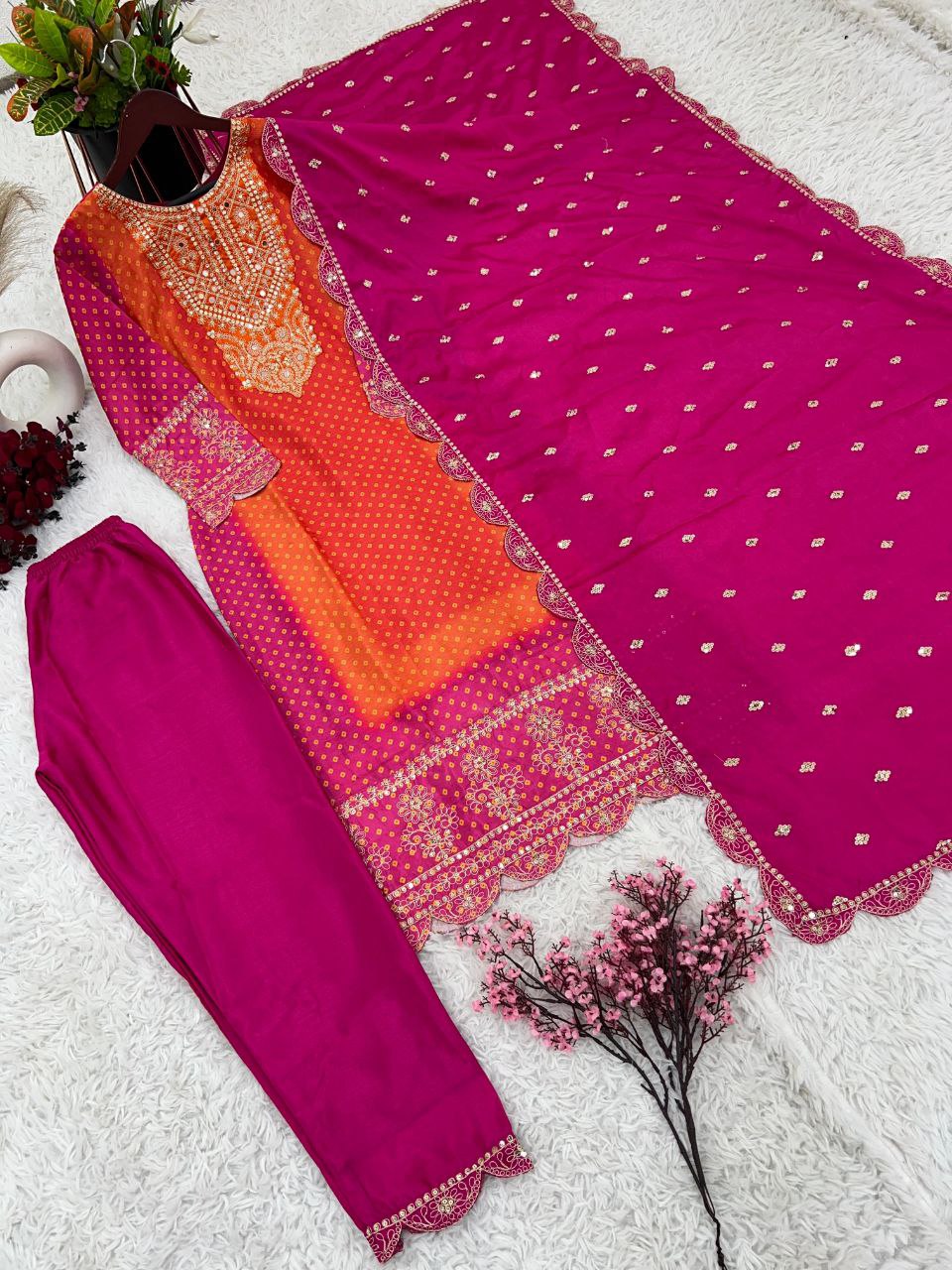 Luxurious Designer Chinnon Suit Set – Fully Stitched Top-Bottom-Dupatta Ensemble with Exquisite Embroidery and Real Mirror Work!