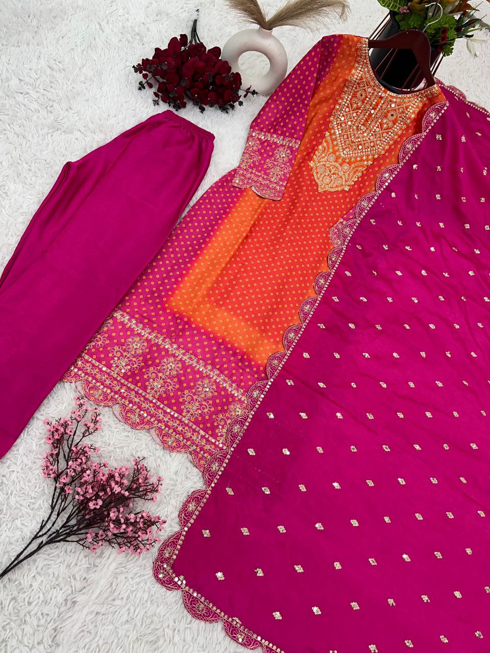 Luxurious Designer Chinnon Suit Set – Fully Stitched Top-Bottom-Dupatta Ensemble with Exquisite Embroidery and Real Mirror Work!
