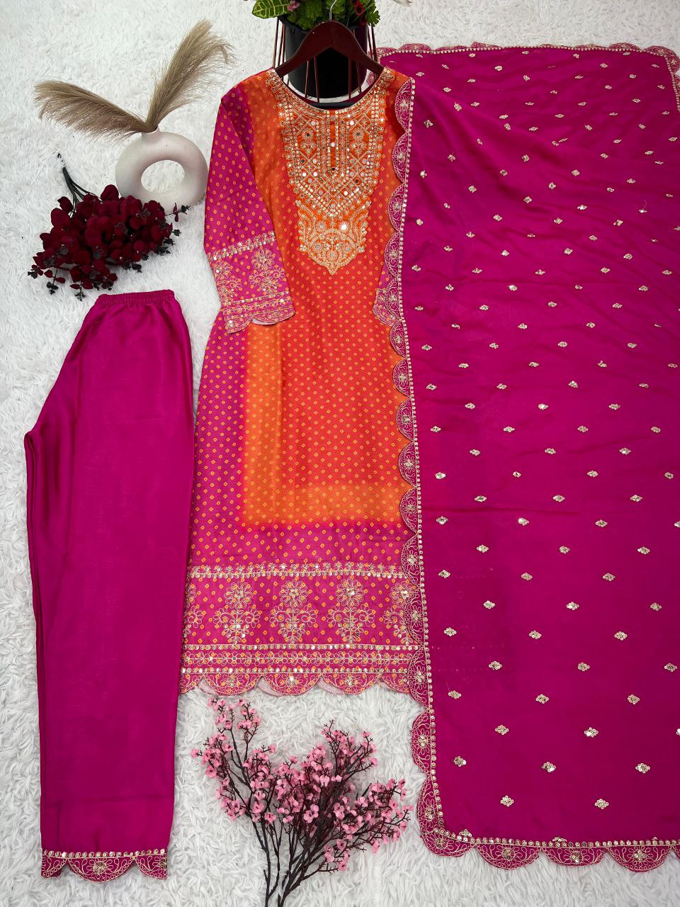 Luxurious Designer Chinnon Suit Set – Fully Stitched Top-Bottom-Dupatta Ensemble with Exquisite Embroidery and Real Mirror Work!
