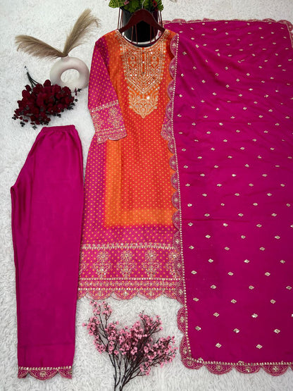 Luxurious Designer Chinnon Suit Set – Fully Stitched Top-Bottom-Dupatta Ensemble with Exquisite Embroidery and Real Mirror Work!