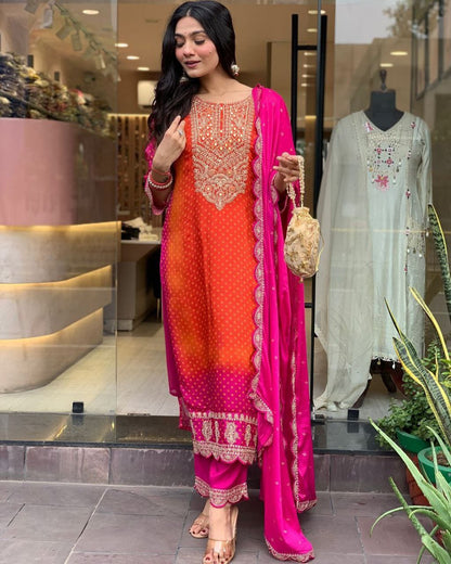 Elegant 3-Piece Fancy Kurti Set – Stunning Faux Georgette Kurti, Butter Silk Bottom, and Embroidered Dupatta!