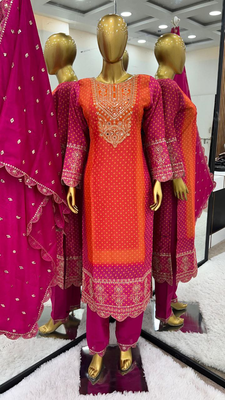 Luxurious Designer Chinnon Suit Set – Fully Stitched Top-Bottom-Dupatta Ensemble with Exquisite Embroidery and Real Mirror Work!