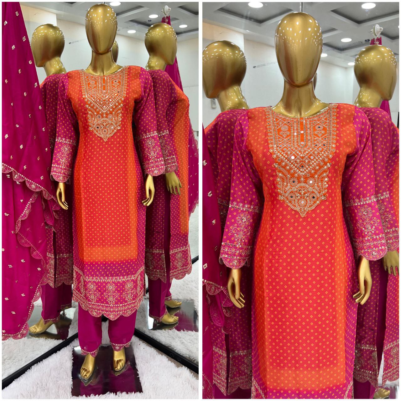 Luxurious Designer Chinnon Suit Set – Fully Stitched Top-Bottom-Dupatta Ensemble with Exquisite Embroidery and Real Mirror Work!