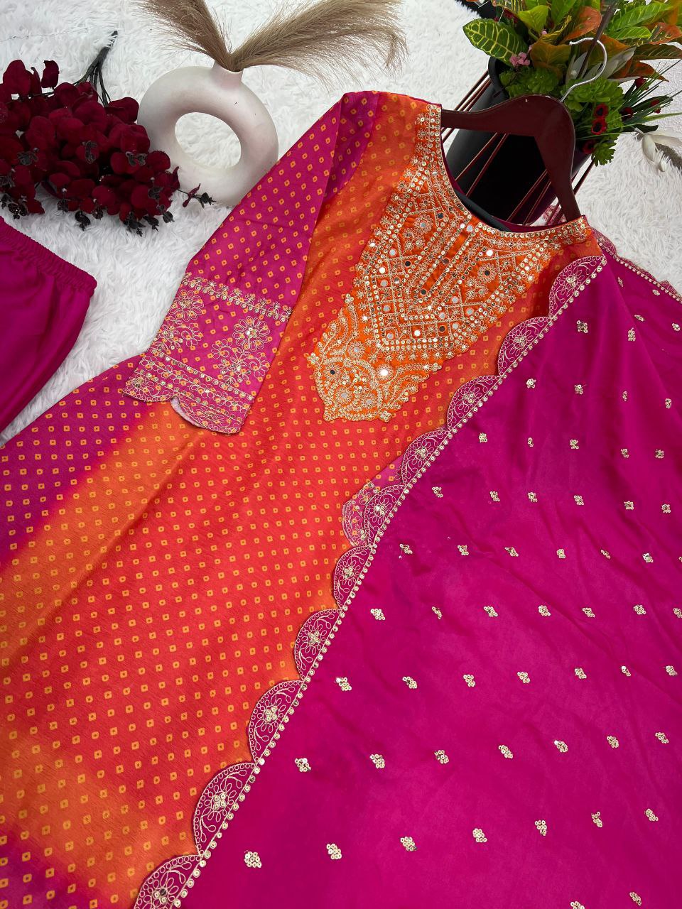 Luxurious Designer Chinnon Suit Set – Fully Stitched Top-Bottom-Dupatta Ensemble with Exquisite Embroidery and Real Mirror Work!