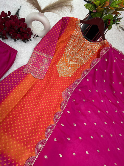 Luxurious Designer Chinnon Suit Set – Fully Stitched Top-Bottom-Dupatta Ensemble with Exquisite Embroidery and Real Mirror Work!