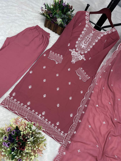 Elegant 3-Piece Fancy Kurti Set – Stunning Faux Georgette Kurti, Butter Silk Bottom, and Embroidered Dupatta!