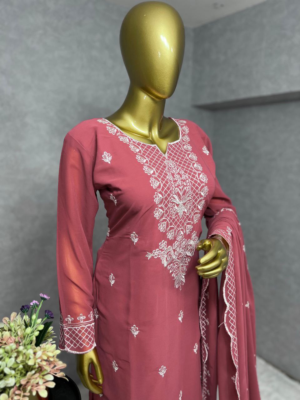 Elegant 3-Piece Fancy Kurti Set – Stunning Faux Georgette Kurti, Butter Silk Bottom, and Embroidered Dupatta!