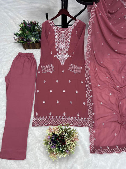 Elegant 3-Piece Fancy Kurti Set – Stunning Faux Georgette Kurti, Butter Silk Bottom, and Embroidered Dupatta!