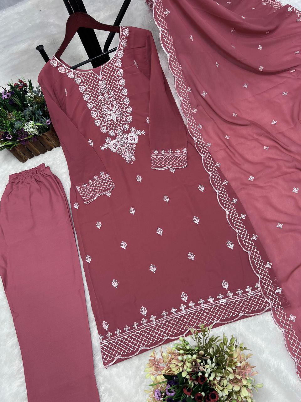 Elegant 3-Piece Fancy Kurti Set – Stunning Faux Georgette Kurti, Butter Silk Bottom, and Embroidered Dupatta!