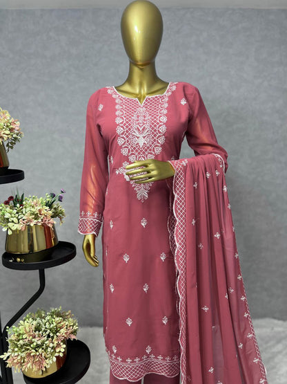 Elegant 3-Piece Fancy Kurti Set – Stunning Faux Georgette Kurti, Butter Silk Bottom, and Embroidered Dupatta!