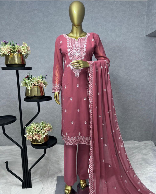 Elegant 3-Piece Fancy Kurti Set – Stunning Faux Georgette Kurti, Butter Silk Bottom, and Embroidered Dupatta!