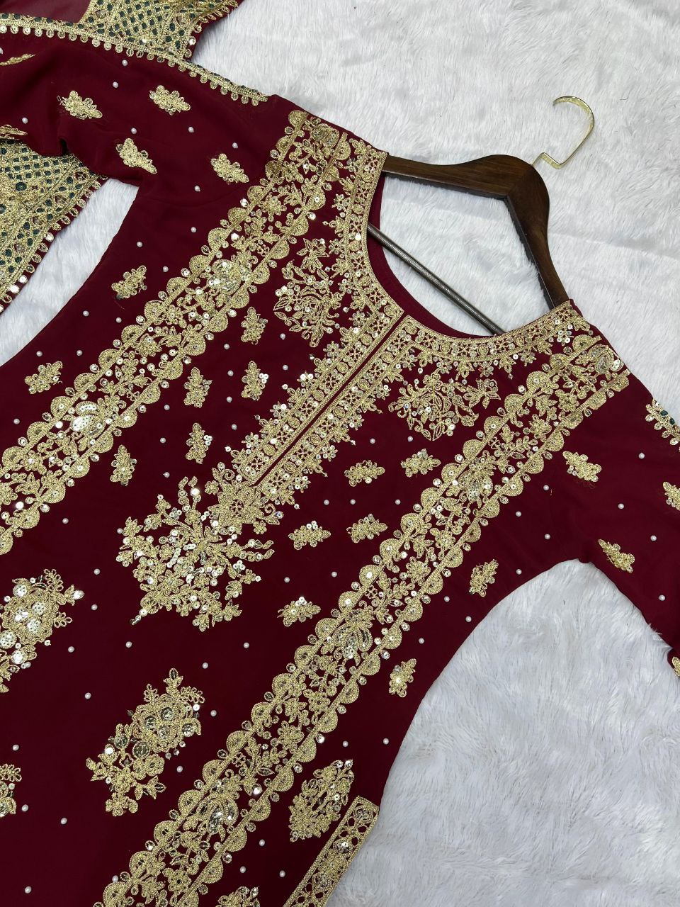 Beautiful Heavy Embroidery Sequins & Riveted Moti Work Top, Plazzo, and Dupatta Set