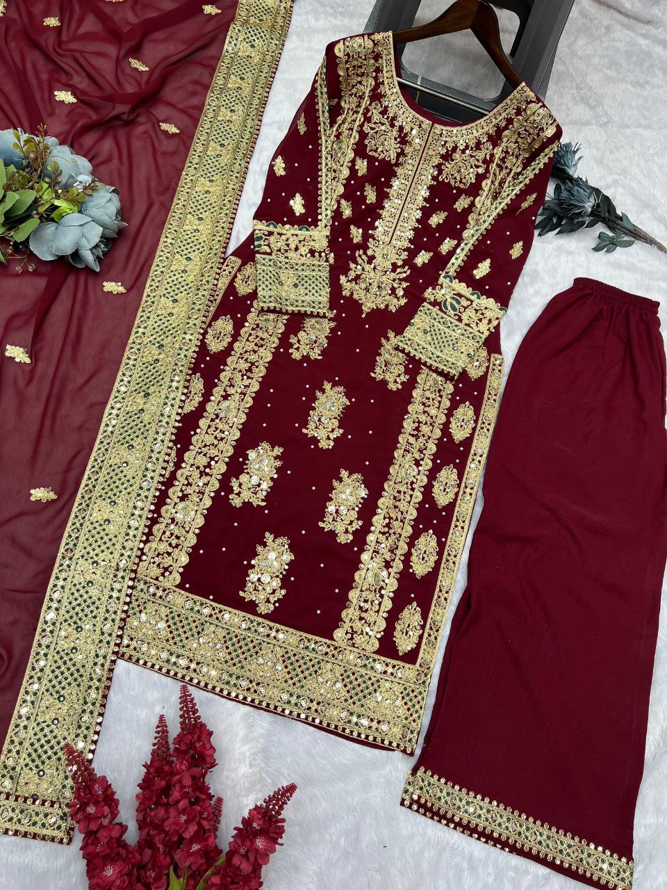 Beautiful Heavy Embroidery Sequins & Riveted Moti Work Top, Plazzo, and Dupatta Set